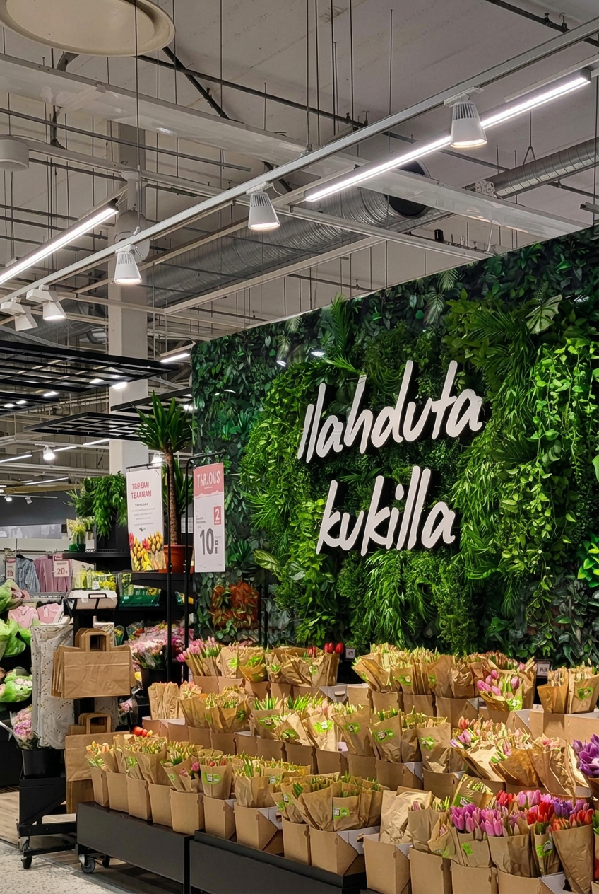 Kukkaosasto lämminsävyisellä kohdevalaistuksella